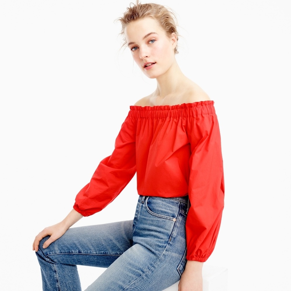 J Crew Red Long Sleeve Off-Shoulder Cotton Top 0